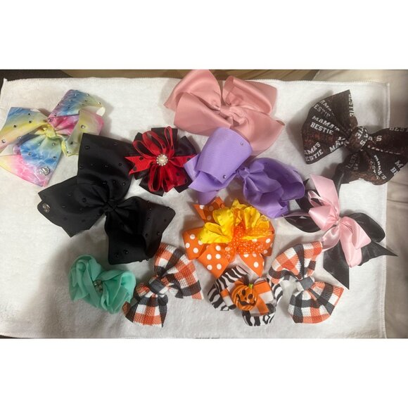 12 Assorted Decorative Hair Bows & Clips With Rhinestones Plaid Polka Dot & Fest - Picture 1 of 13